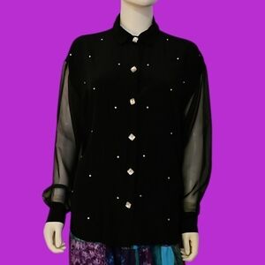 VTG ANXIETY 1990s Dressy Black Rhinestone Sheer Sleeve Button Down Holiday Shirt